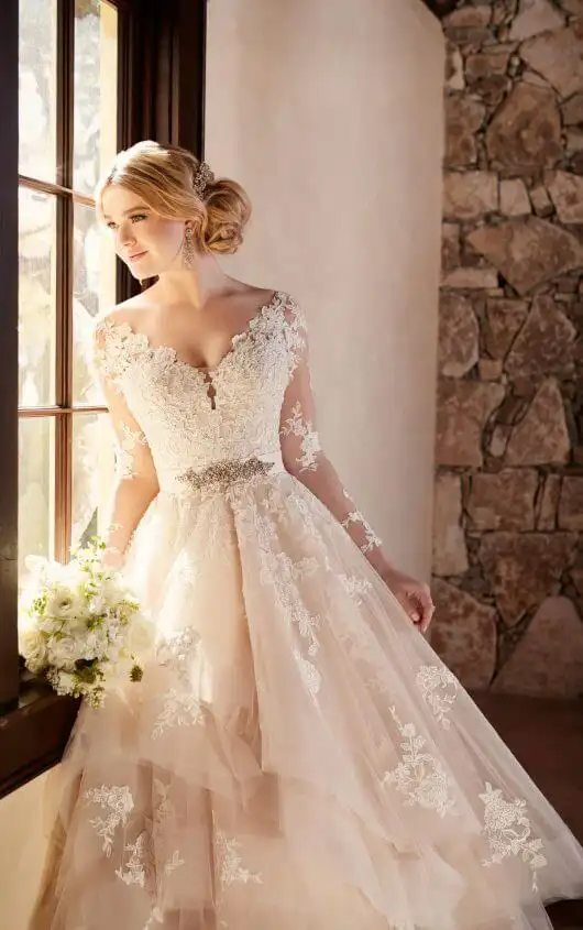 long sleeve blush wedding dress
