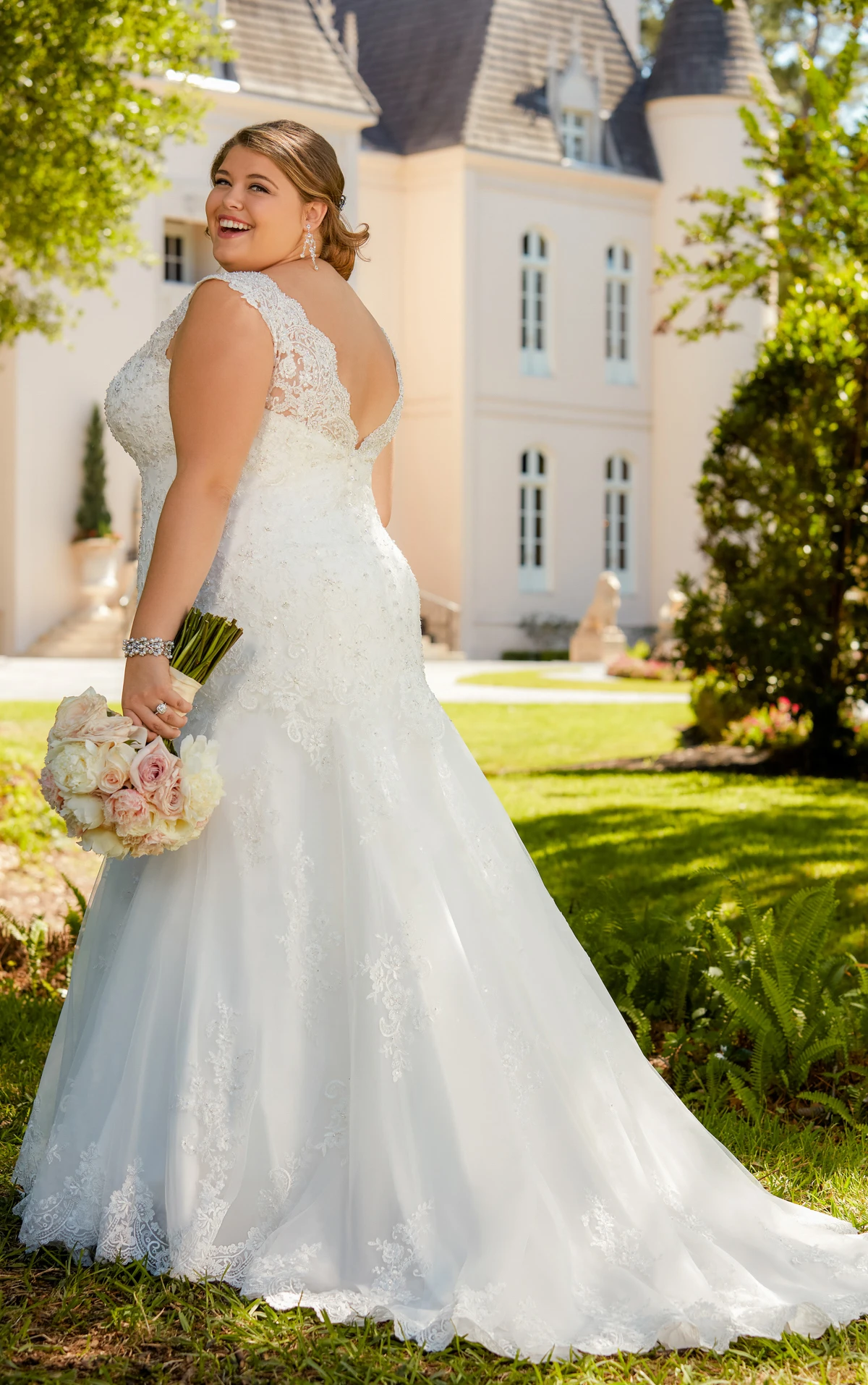 Lace Fit and Flare Plus Size Wedding Gown with Silver