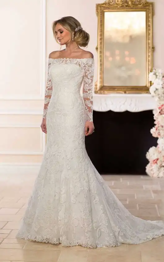 bardot lace wedding dress