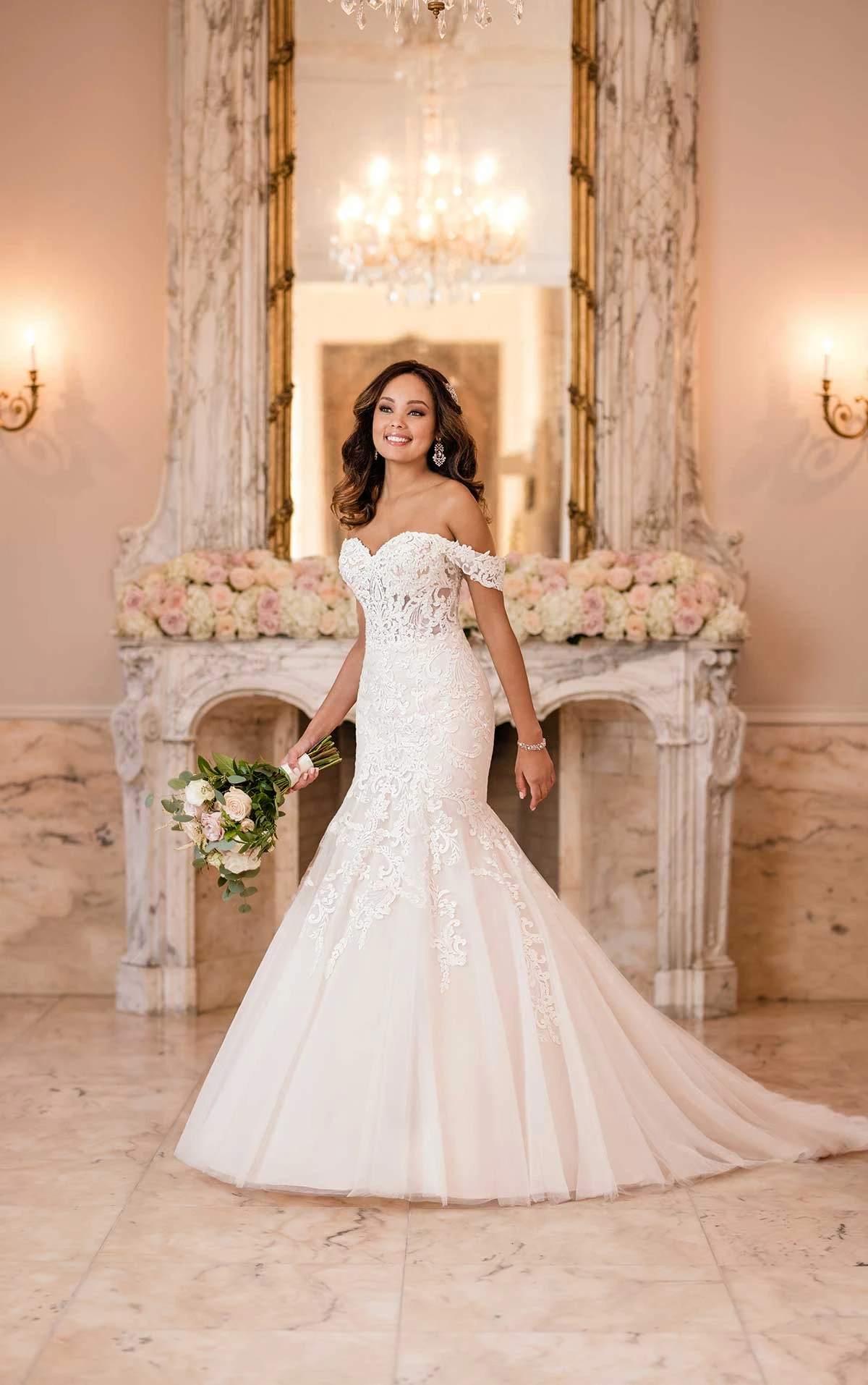 fit and flare off the shoulder wedding dress