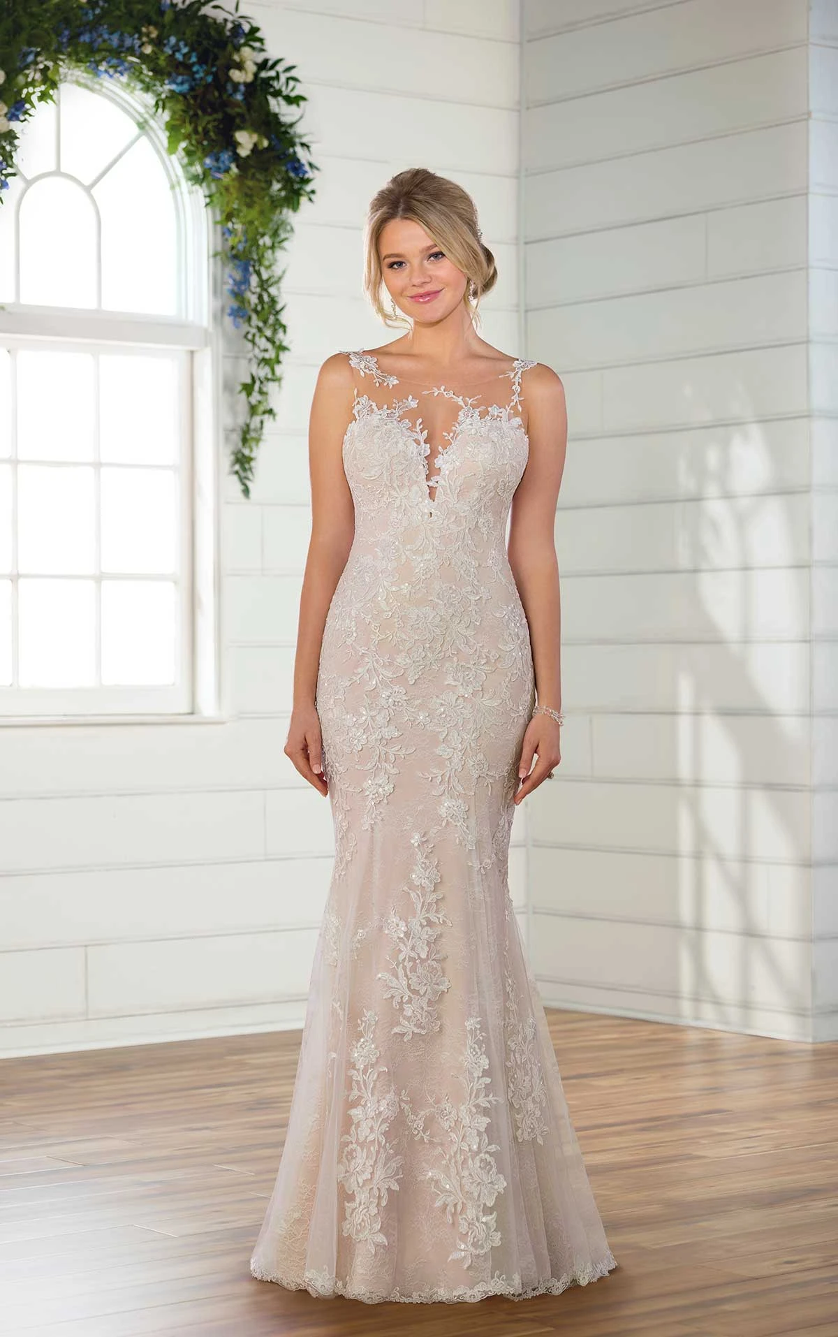Layered Lace Wedding Dress with Asymmetrical Neckline