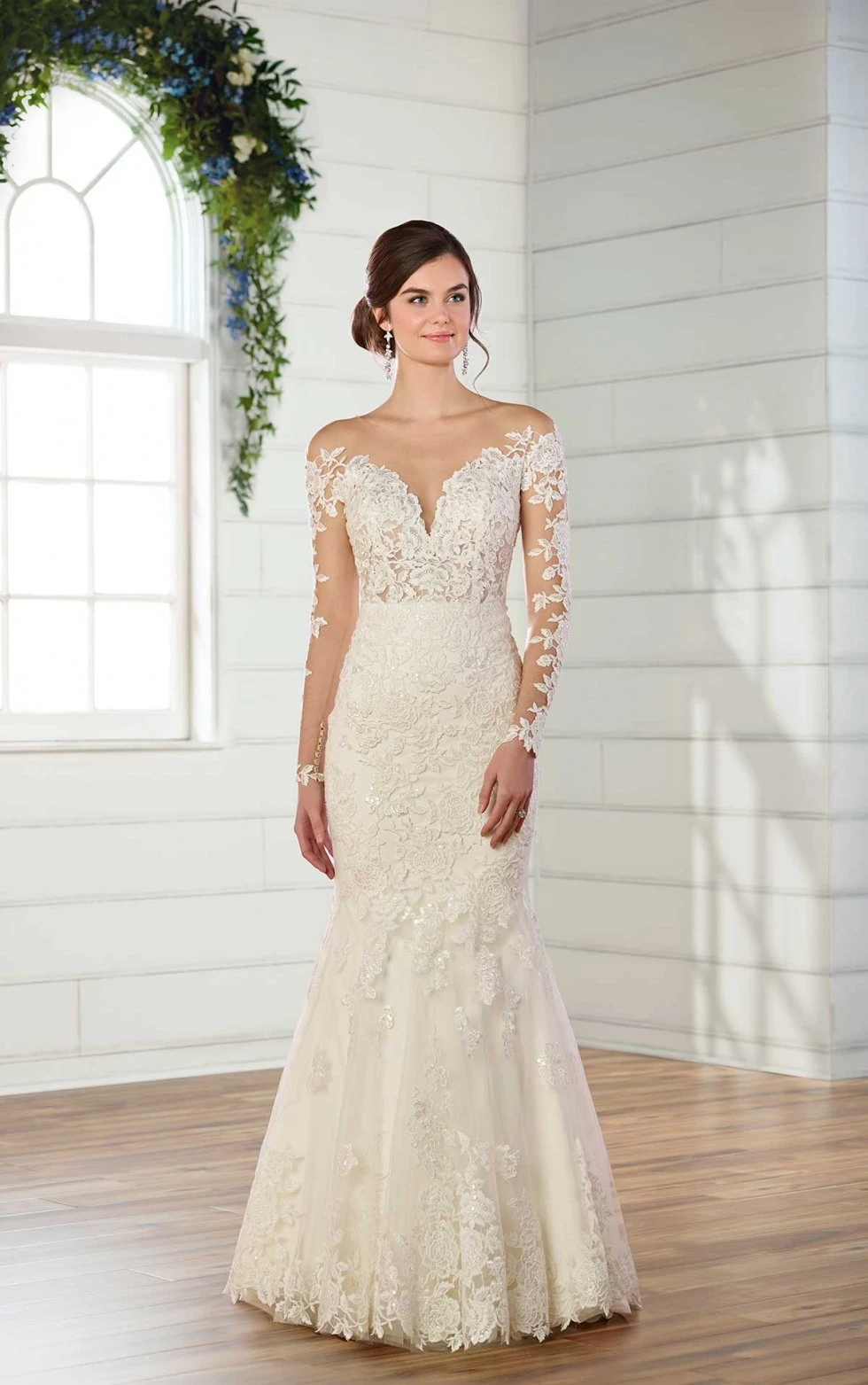 Wedding Dress with Lace Sleeves and VNeck Essense of