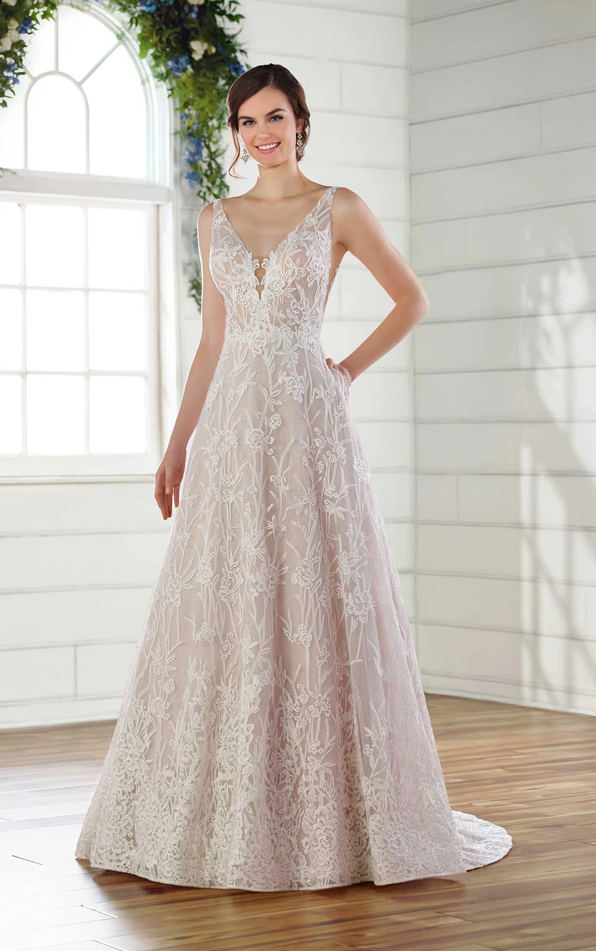 Botanical Lace Wedding Gown with Glitter Tulle