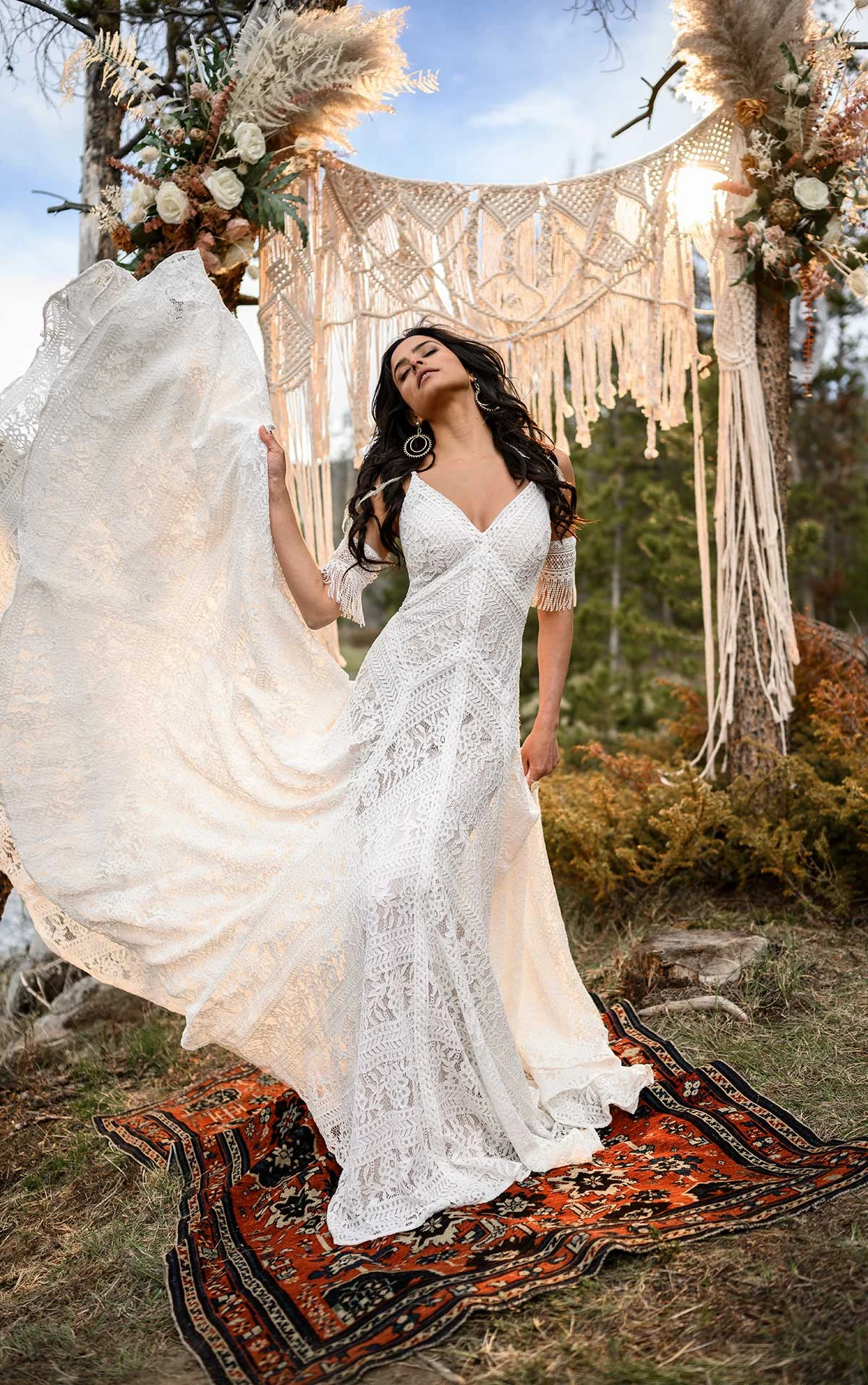 Modern Boho Wedding Dress with Linear Lace Details All