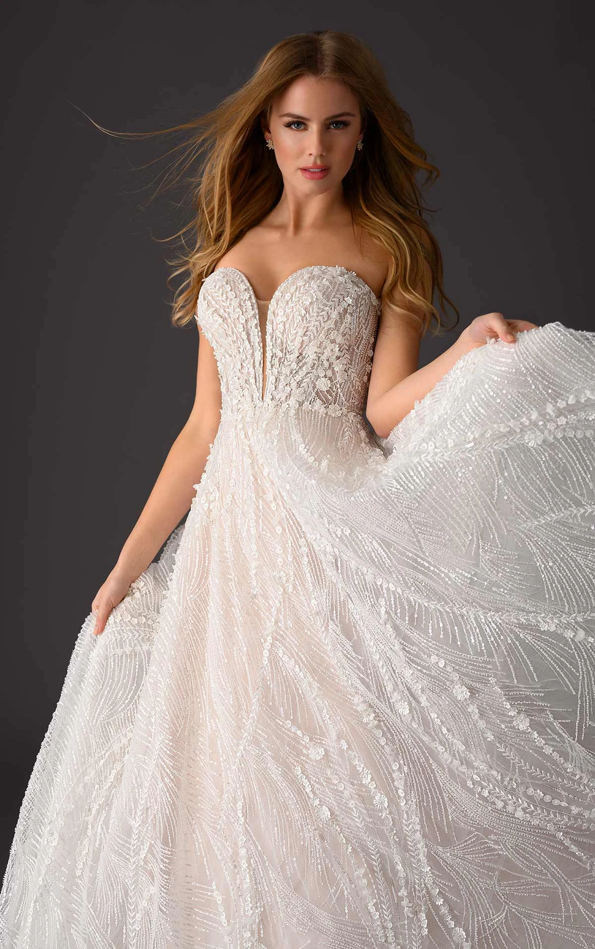 Formal Strapless ALine Wedding Dress with 3D Detail