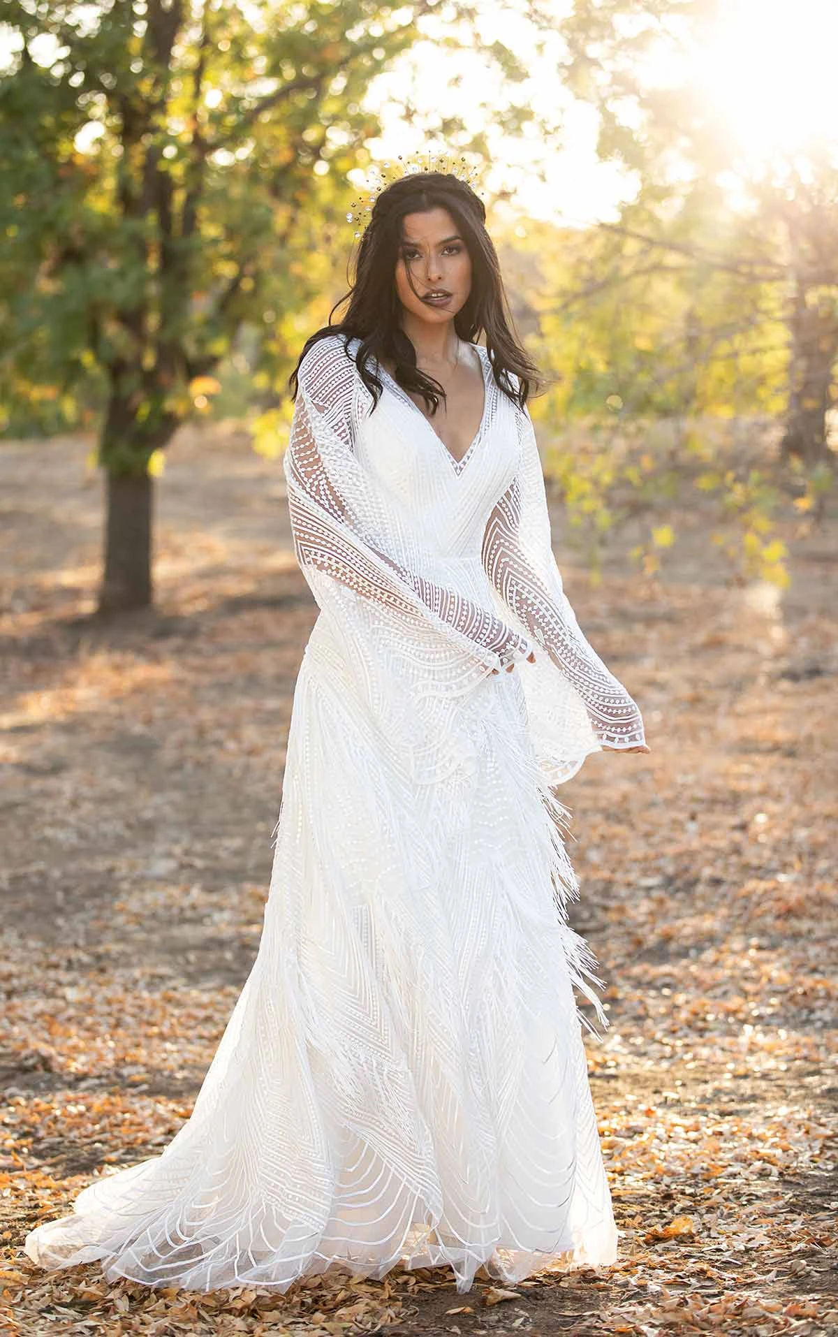 Romantic Boho Wedding Dress With Lace Bell Sleeves A