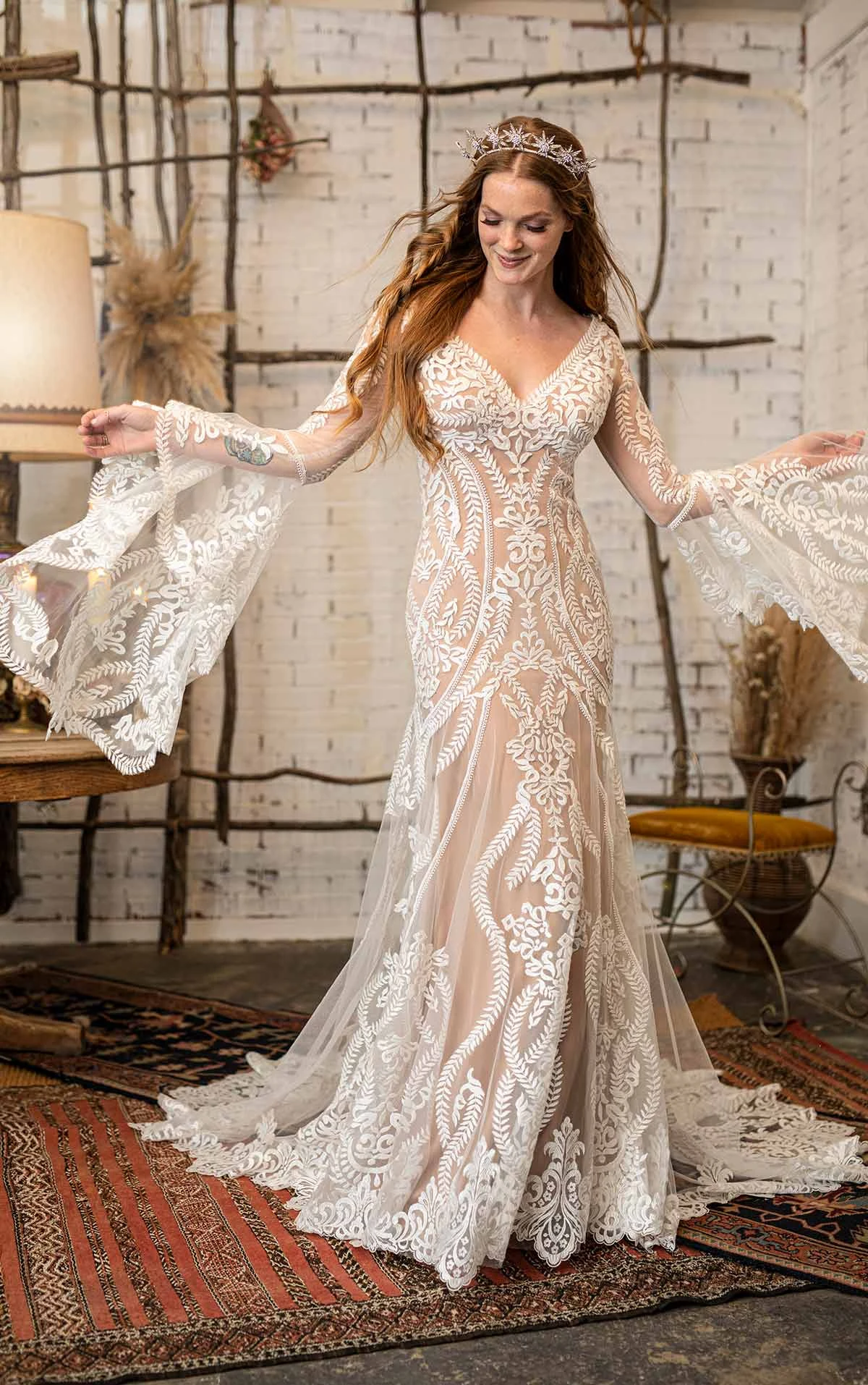Gypsy Inspired Wedding Dress With Flared Bell Sleeves And