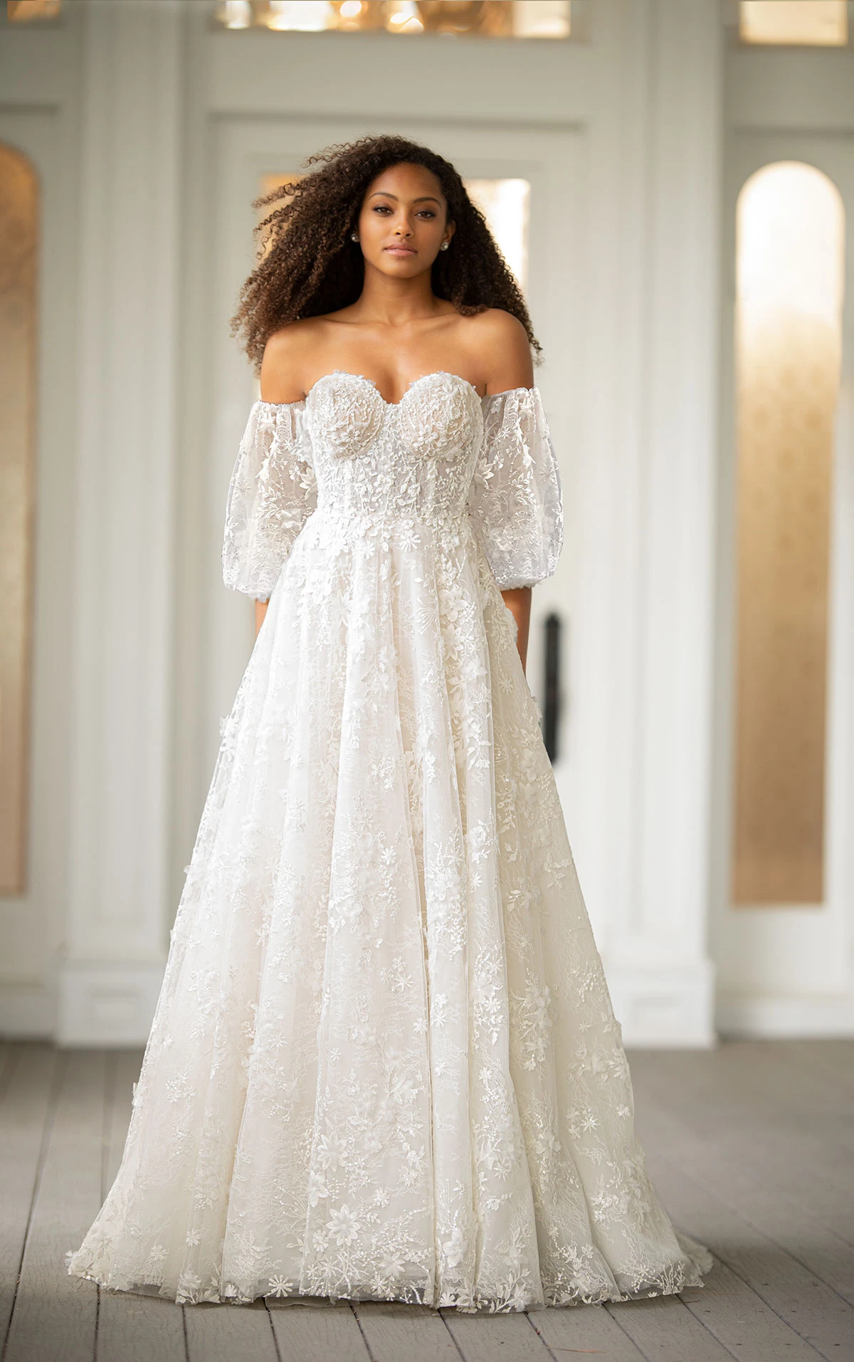 Sheer Voluminous 3D Bridal Gown with Detachable Sleeves