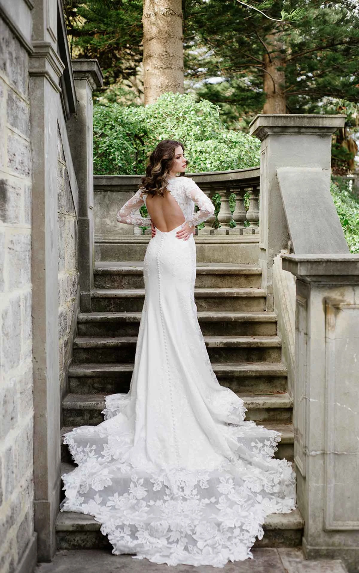 Elegant Lace Wedding Dress with Plunge Back and Long