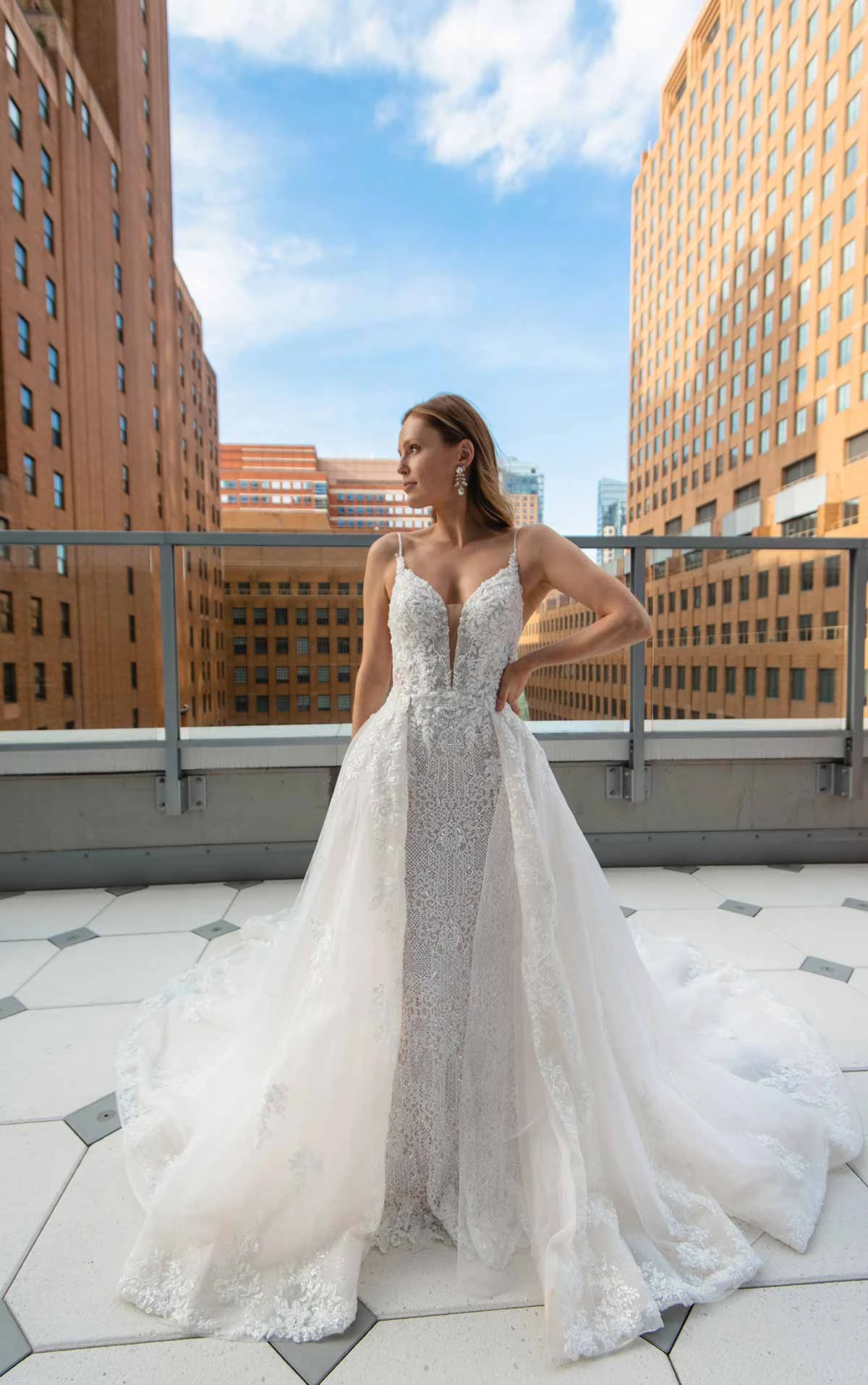Sleek FitandFlare Beaded Wedding Gown with Overskirt