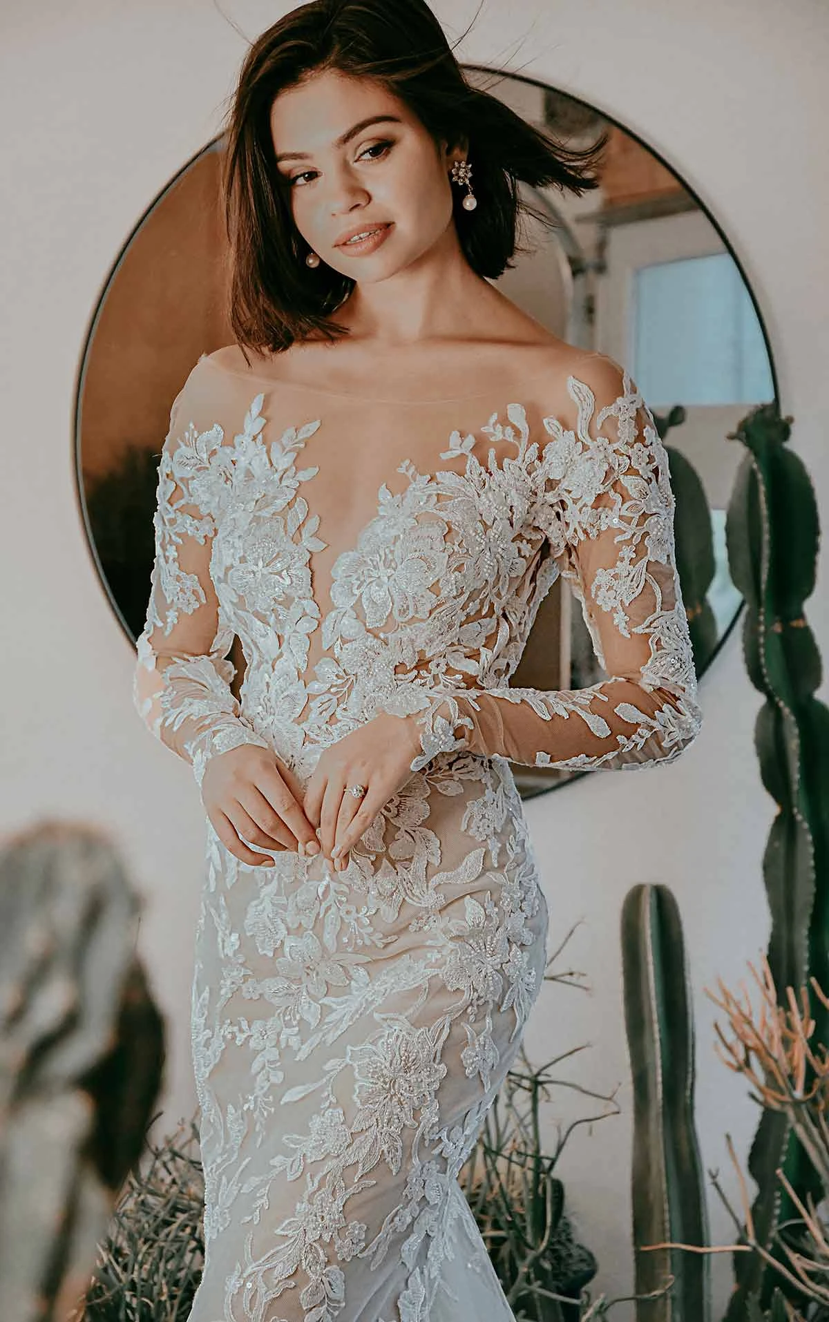 Sheer Floral Lace Wedding Dress with Long Sleeves